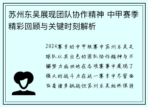 苏州东吴展现团队协作精神 中甲赛季精彩回顾与关键时刻解析