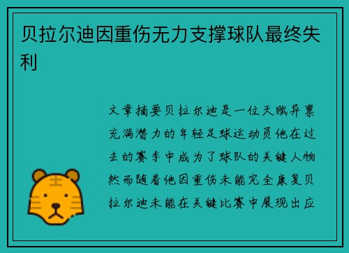 贝拉尔迪因重伤无力支撑球队最终失利