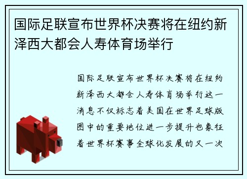 国际足联宣布世界杯决赛将在纽约新泽西大都会人寿体育场举行